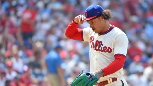 Aug 6, 2023; Philadelphia, Pennsylvania, USA; Philadelphia Phillies starting pitcher Taijuan Walker (99) walks off the mound after during the seventh inning against the Kansas City Royals at Citizens Bank Park. Mandatory Credit: Eric Hartline-USA TODAY Sports
